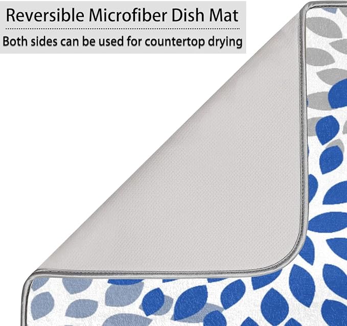 Dish Drying Mat for Counter 16x18 Inches Washable Microfiber Dishes Drainer Mats Ultra Absorbent Heat-Resistant Dish Drying Pad with Hanging Loop for Home Kitchen (Blue Floral)