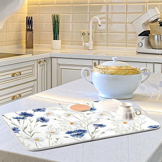 Daisy White Dish Drying Mat for Kitchen Counter, Microfiber Absorbent Dish Draining Mat, Large Kitchen Drying Mat Heat Resistant Drying Pad for Counter 18x24