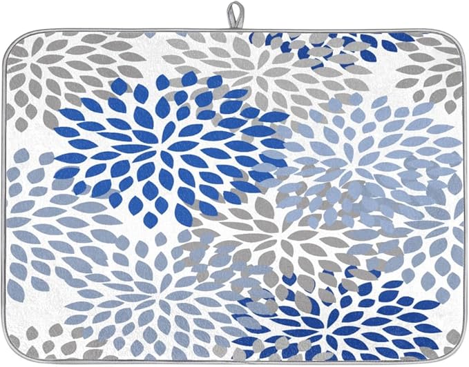 Dish Drying Mat for Counter 16x18 Inches Washable Microfiber Dishes Drainer Mats Ultra Absorbent Heat-Resistant Dish Drying Pad with Hanging Loop for Home Kitchen (Blue Floral)
