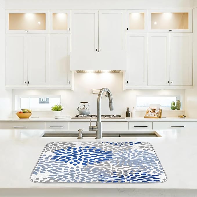 Dish Drying Mat for Counter 16x18 Inches Washable Microfiber Dishes Drainer Mats Ultra Absorbent Heat-Resistant Dish Drying Pad with Hanging Loop for Home Kitchen (Blue Floral)