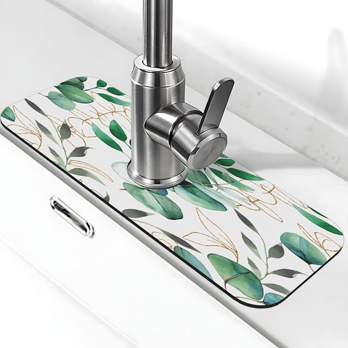 Faucet Draining Mat For Kitchen Sink, Green Leaves Diatom Mud Absorbent Drain Pad For Bathroom Kitchen Sink Splash Guard Drying Mat