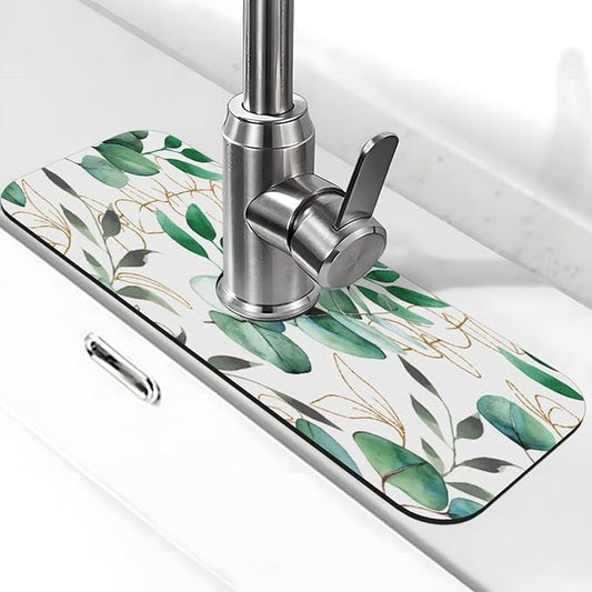 Faucet Draining Mat For Kitchen Sink, Green Leaves Diatom Mud Absorbent Drain Pad For Bathroom Kitchen Sink Splash Guard Drying Mat