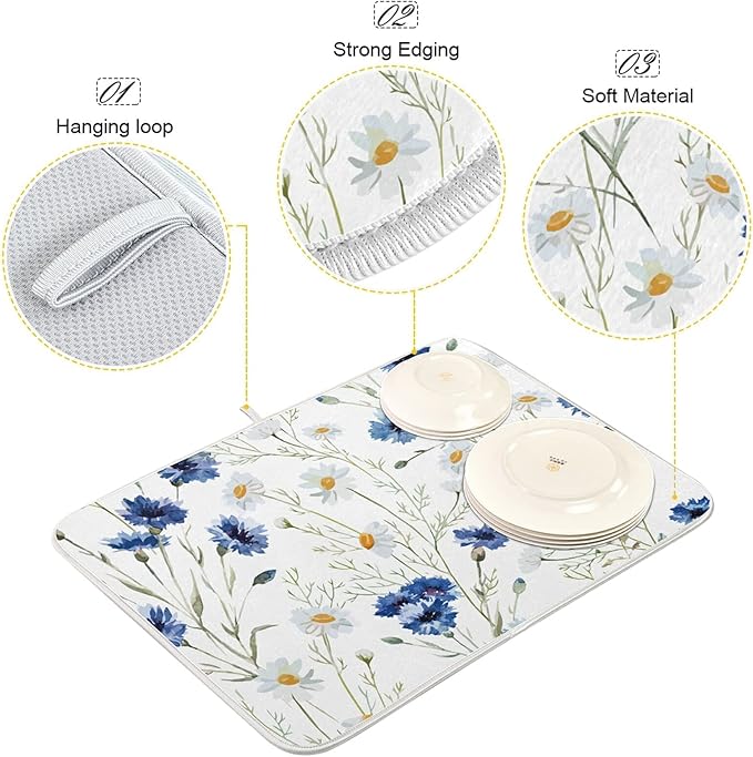 Daisy White Dish Drying Mat for Kitchen Counter, Microfiber Absorbent Dish Draining Mat, Large Kitchen Drying Mat Heat Resistant Drying Pad for Counter 18x24