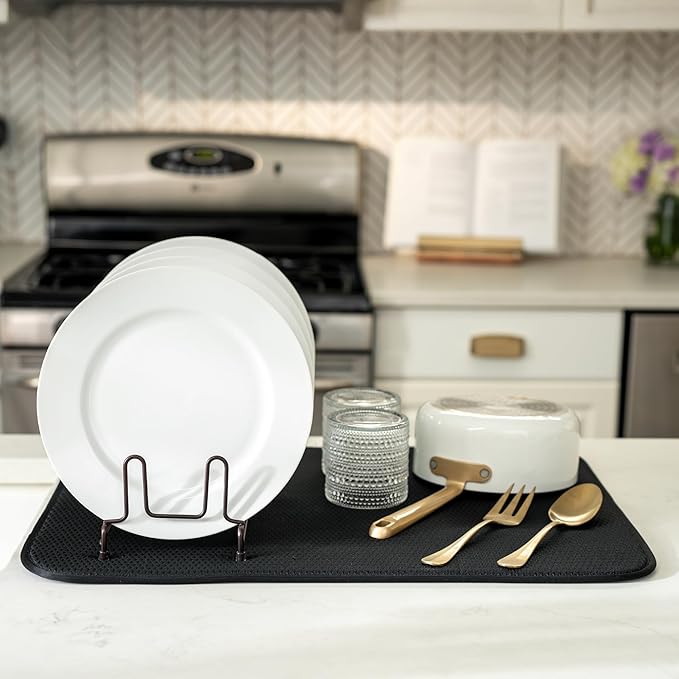 Dish Drying Mat XL, 18” x 24”, Absorbent Microfiber Kitchen Counter Mat, Drying Pad for Dishes, Utensils, Pots and Pans, Extra Large, Diamond Texture, Black