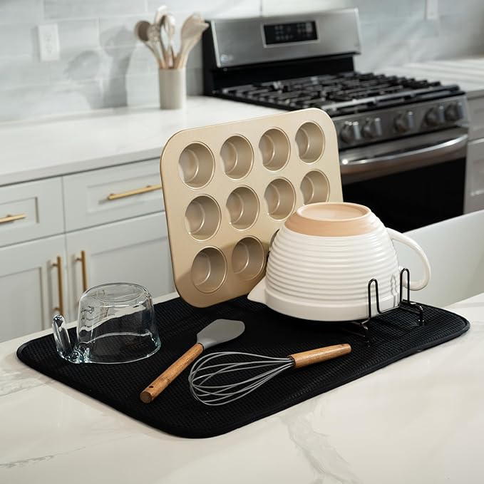 Dish Drying Mat XL, 18” x 24”, Absorbent Microfiber Kitchen Counter Mat, Drying Pad for Dishes, Utensils, Pots and Pans, Extra Large, Diamond Texture, Black