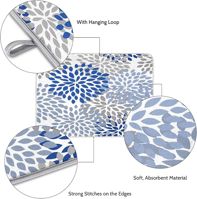 Dish Drying Mat for Counter 16x18 Inches Washable Microfiber Dishes Drainer Mats Ultra Absorbent Heat-Resistant Dish Drying Pad with Hanging Loop for Home Kitchen (Blue Floral)