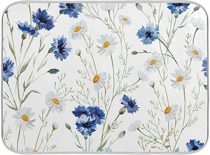 Daisy White Dish Drying Mat for Kitchen Counter, Microfiber Absorbent Dish Draining Mat, Large Kitchen Drying Mat Heat Resistant Drying Pad for Counter 18x24