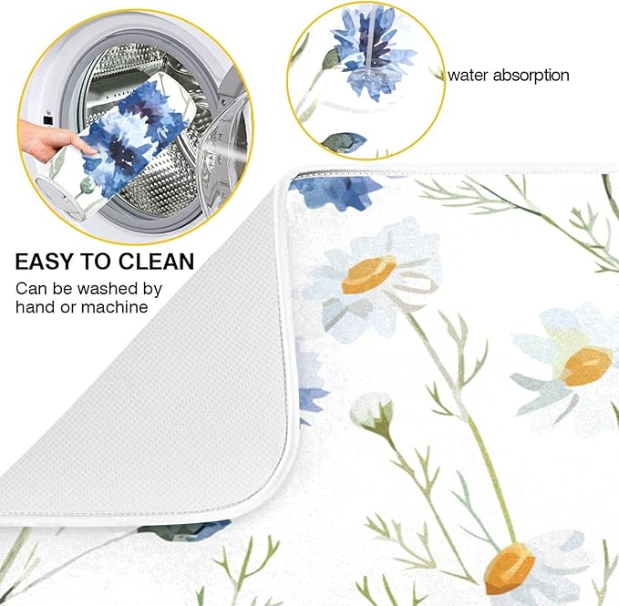 Daisy White Dish Drying Mat for Kitchen Counter, Microfiber Absorbent Dish Draining Mat, Large Kitchen Drying Mat Heat Resistant Drying Pad for Counter 18x24