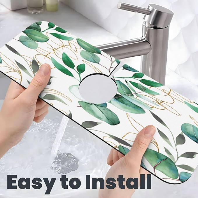 Faucet Draining Mat For Kitchen Sink, Green Leaves Diatom Mud Absorbent Drain Pad For Bathroom Kitchen Sink Splash Guard Drying Mat