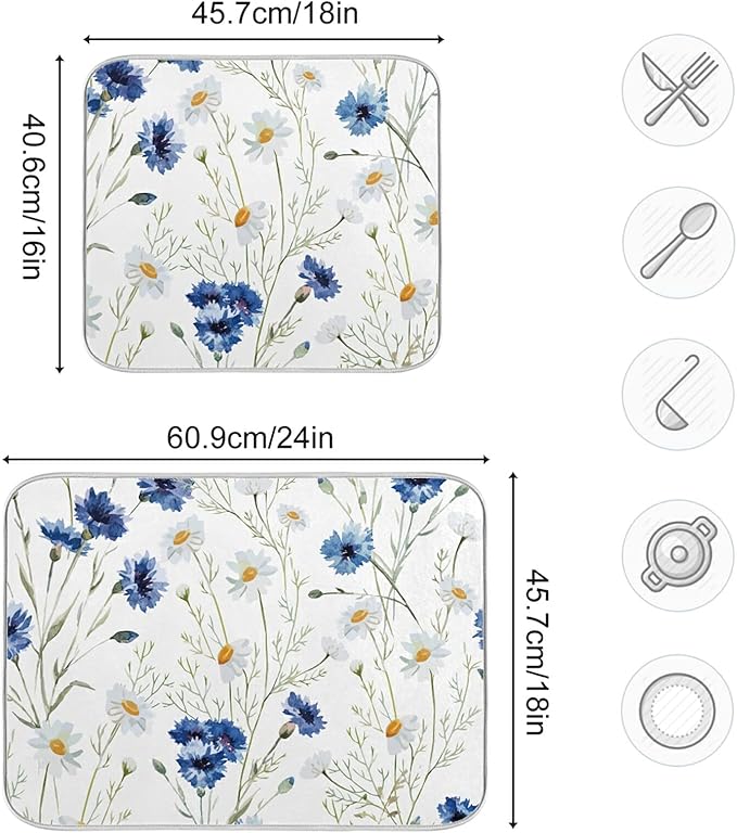 Daisy White Dish Drying Mat for Kitchen Counter, Microfiber Absorbent Dish Draining Mat, Large Kitchen Drying Mat Heat Resistant Drying Pad for Counter 18x24