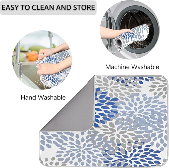 Dish Drying Mat for Counter 16x18 Inches Washable Microfiber Dishes Drainer Mats Ultra Absorbent Heat-Resistant Dish Drying Pad with Hanging Loop for Home Kitchen (Blue Floral)