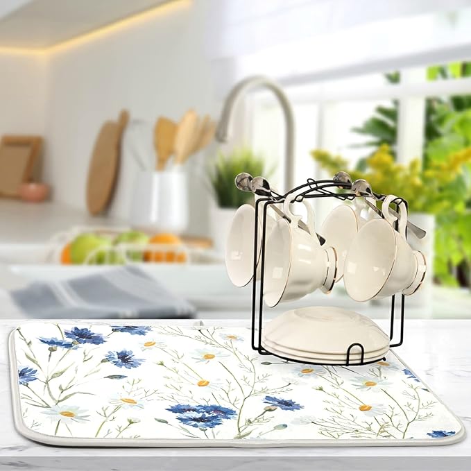 Daisy White Dish Drying Mat for Kitchen Counter, Microfiber Absorbent Dish Draining Mat, Large Kitchen Drying Mat Heat Resistant Drying Pad for Counter 18x24