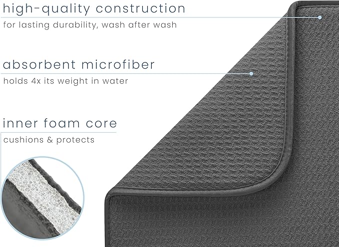 Dish Drying Mat, Highly Absorbent Microfiber Kitchen Counter Mat, Dish Drying Pad for Dishes, Utensils, Pots and Pans, Large 16" x 18", Charcoal