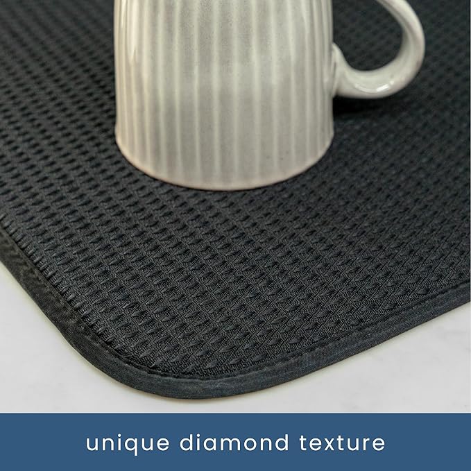 Dish Drying Mat XL, 18” x 24”, Absorbent Microfiber Kitchen Counter Mat, Drying Pad for Dishes, Utensils, Pots and Pans, Extra Large, Diamond Texture, Black