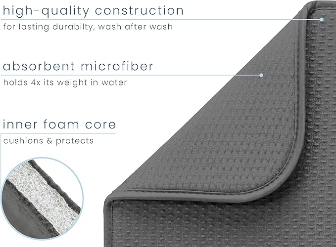 Dish Drying Mat XL, 18” x 24”, Absorbent Microfiber Kitchen Counter Mat, Drying Pad for Dishes, Utensils, Pots and Pans, Extra Large, Diamond Texture, Black