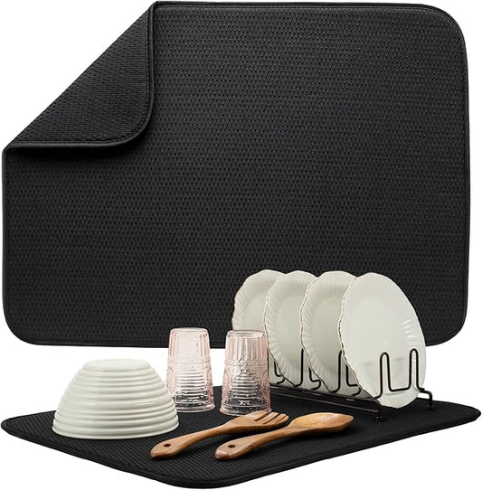 Dish Drying Mat XL, 18” x 24”, Absorbent Microfiber Kitchen Counter Mat, Drying Pad for Dishes, Utensils, Pots and Pans, Extra Large, Diamond Texture, Black